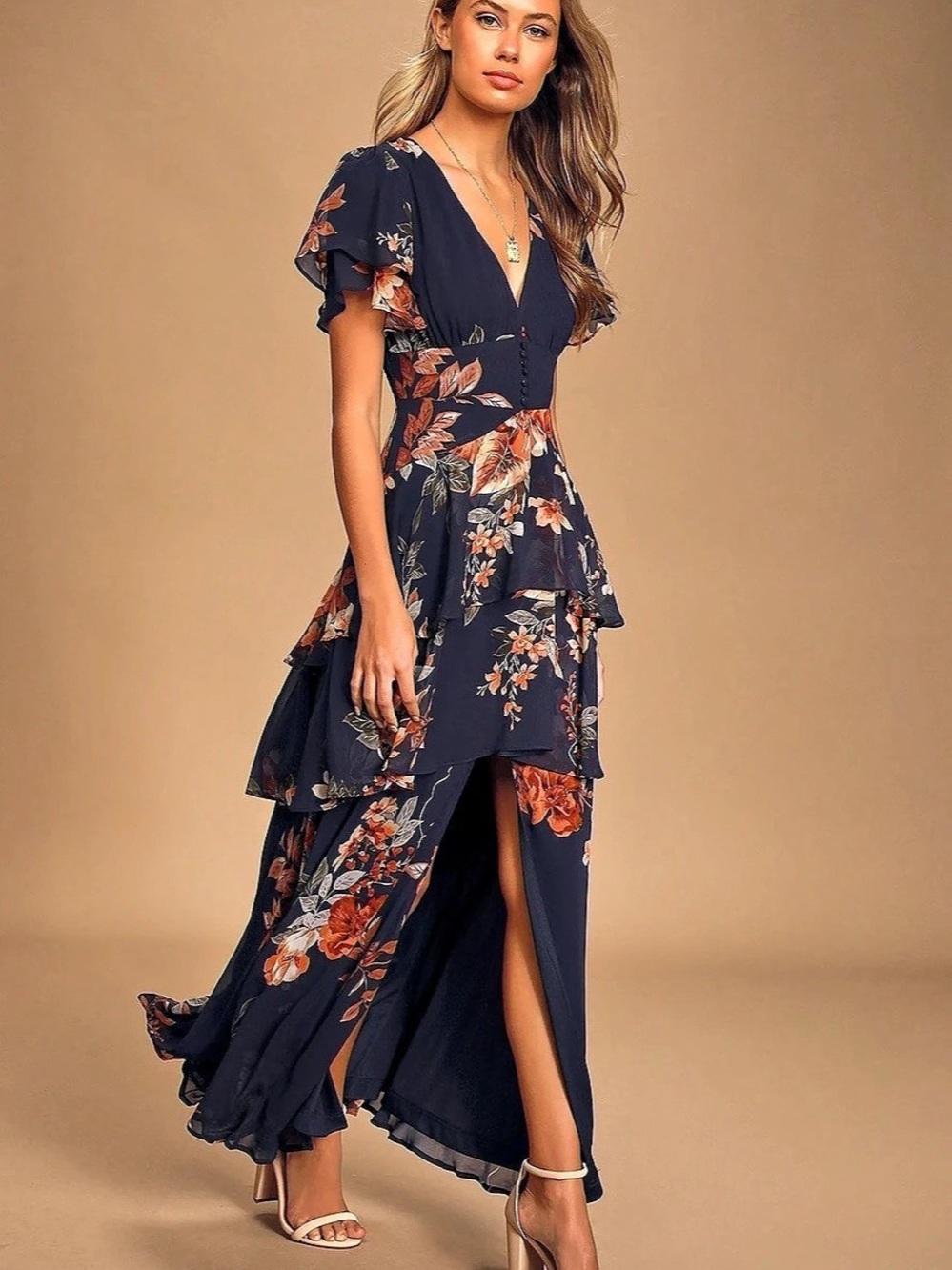 NWT Lulus Stunning Favorite Midnight Blue Mood Floral Ruffled Maxi Dress Size M